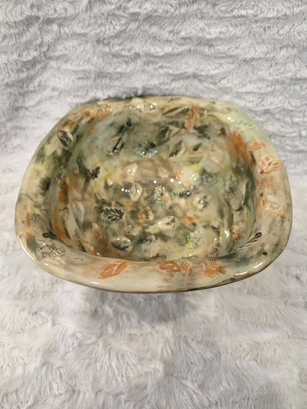 Handmade Pottery Bowl W/Textured Imprinted Leaf Design